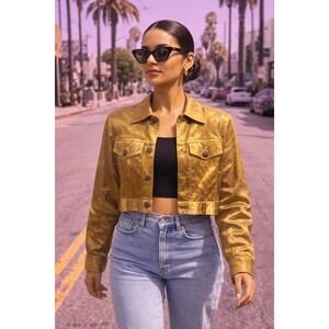 Metallic Gold Cropped Trucker Jacket Button Front Long Sleeve Shimmer Coat